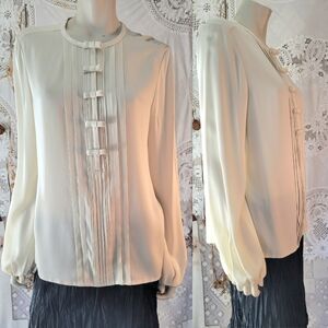 Diane Von Furstenberg Cream Pleated Puff Sleeve Silk Tuxedo Blouse Sz 14